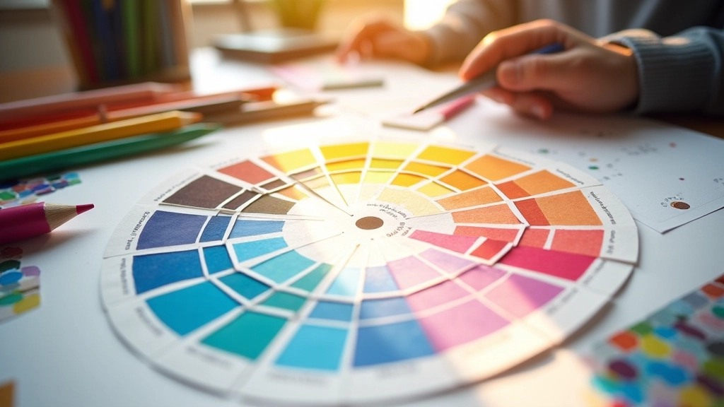 Kleurenwielen en kleurpaletkaarten op een designerbureau met potloden en markers