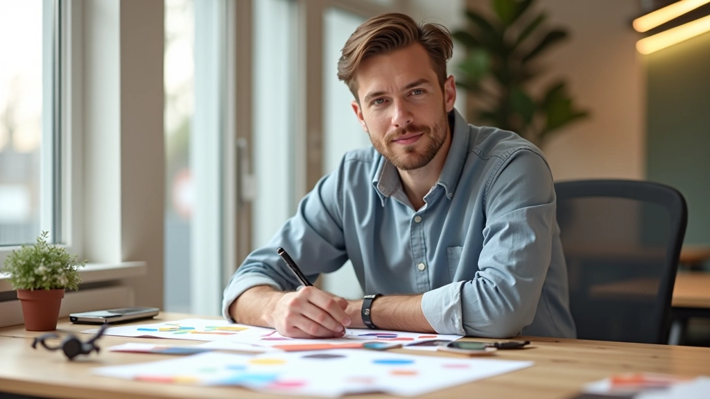 Designer aan het werk met kleurenkaarten en sketchboeken op een Nederlands bureau