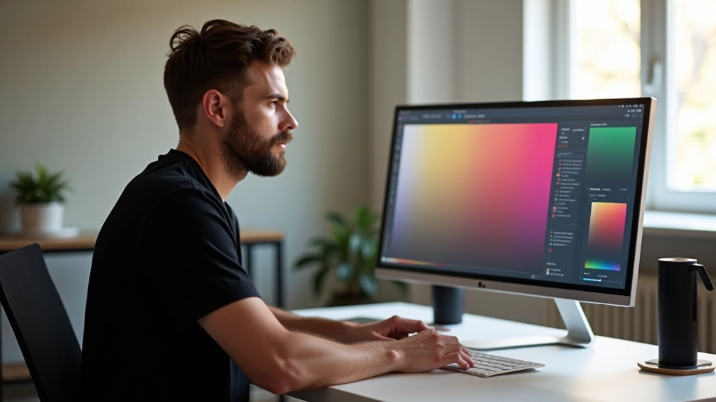 Designer werkend aan kleurenpalet op groot scherm met kleurkiezer open en WCAG checker tool zichtbaar