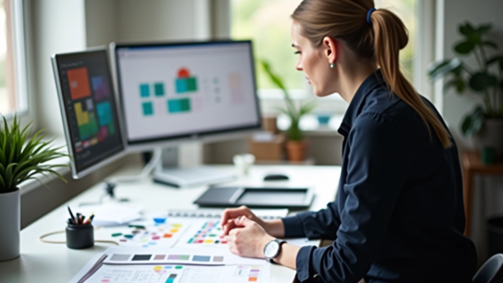 Designer werkend aan kleurpalet met computer, notities en kleurdruk op het bureau