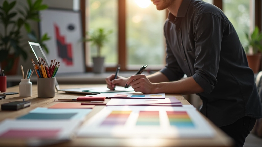 Kleurenwielen en verfpotjes op designerbureau met markers en schetsboeken, natuurlijk licht door raam