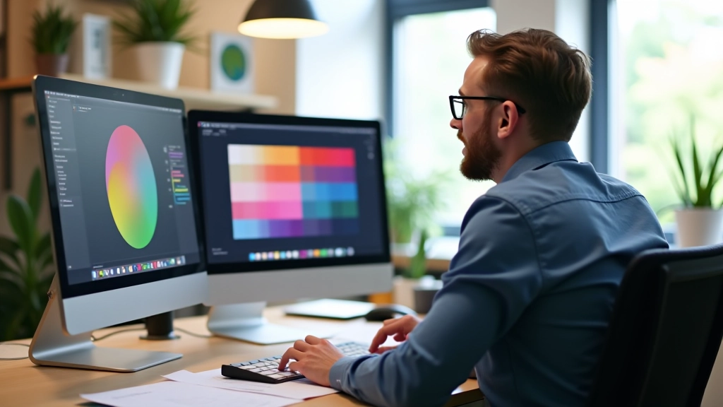Designer die aan kleurpalet werkt met Adobe Color interface op dubbel scherm, heldere kantooromgeving